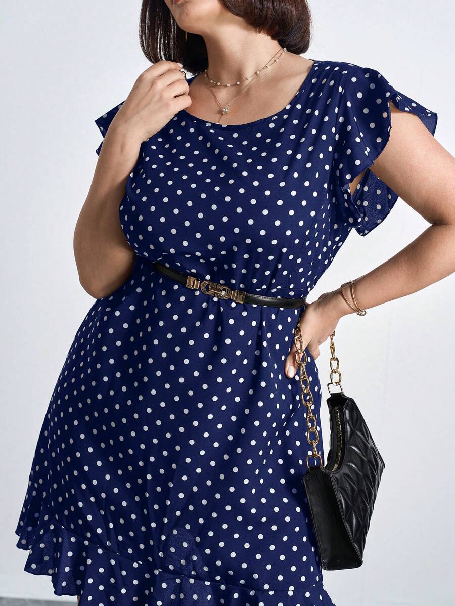 Chikora Plus Size Women's Casual Polka Dot Print Ruffle Trim Dress, Does Not Include Belt, For Summer,Office Outfits For Women