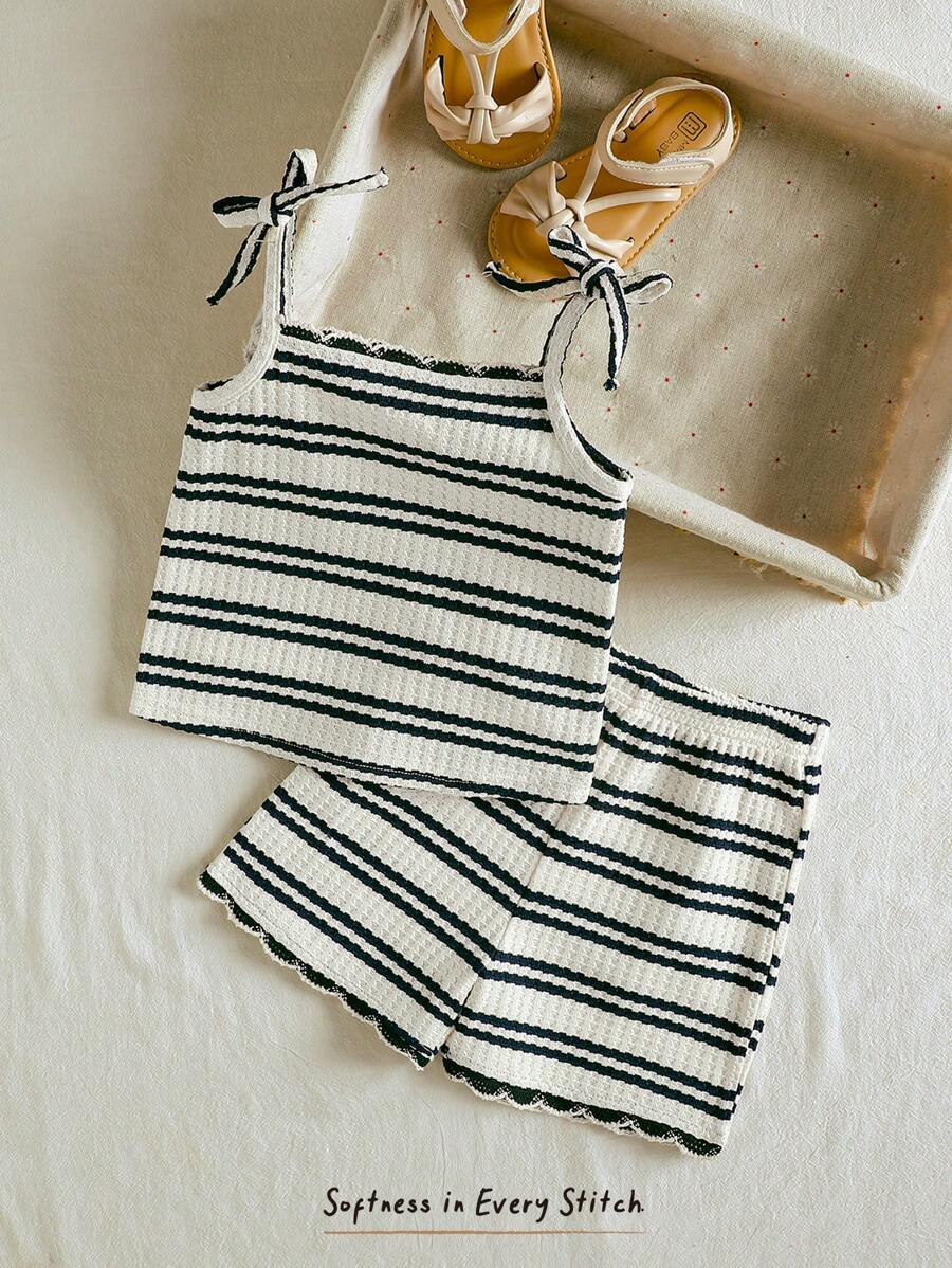Cozy Pixies Set de 2 piezas para bebé niña con top de camisola con ribete en contraste de rayas coloridas y shorts de cintura elástica