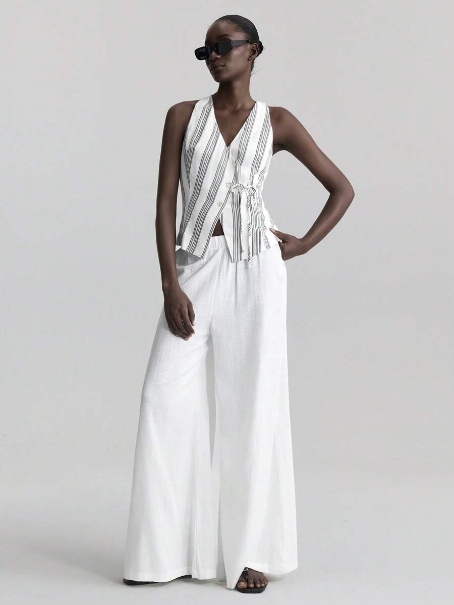 Ontre Nuovo completo da donna 2025, gilet a righe, stile vacanziero, silhouette aderente, design con cintura in vita, con bottoni a conchiglia, giacca sottile, abbigliamento primavera/estate, per uso quotidiano