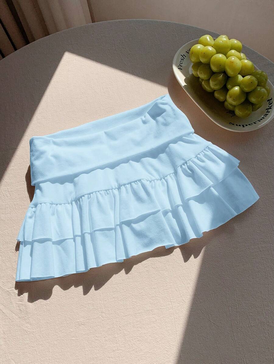 SHEIN EZwear Falda pantalón de unicolor con volantes en el bajo y talle bajo para mujer