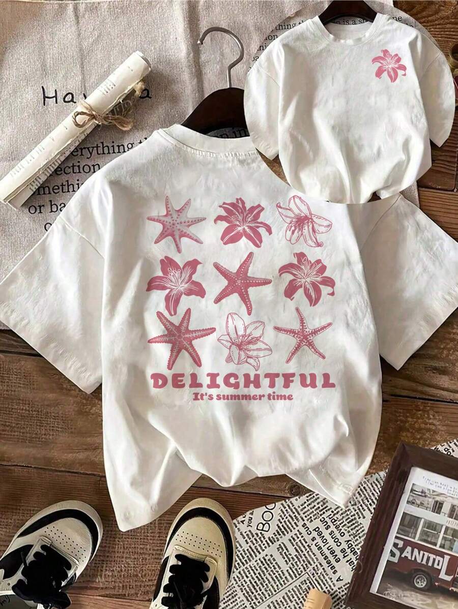 Camiseta de mujer de cuello redondo y manga corta con estampado de letras y estrellas de mar casual
