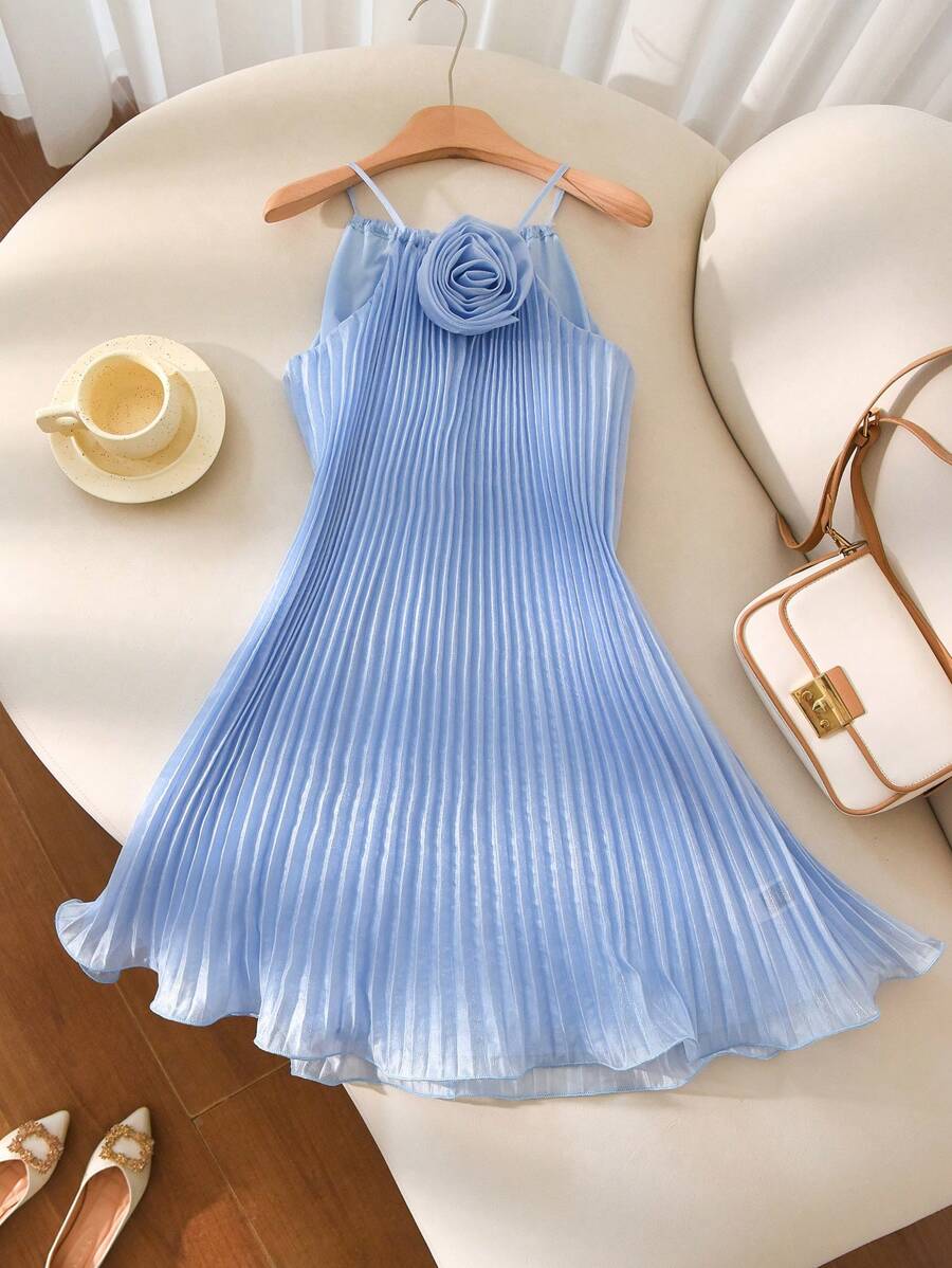SHEIN Frenchy Vestido de organza azul plisado de talla grande, estilo universitario, apropiado para la temporada de regreso a clases, fiestas, citas
