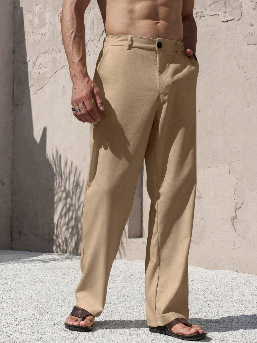 Manfinity Nomadique Pantalones rectos de lino casual Manfinity Nomadique para hombres, pantalones versátiles de moda, pantalones blancos para hombres
