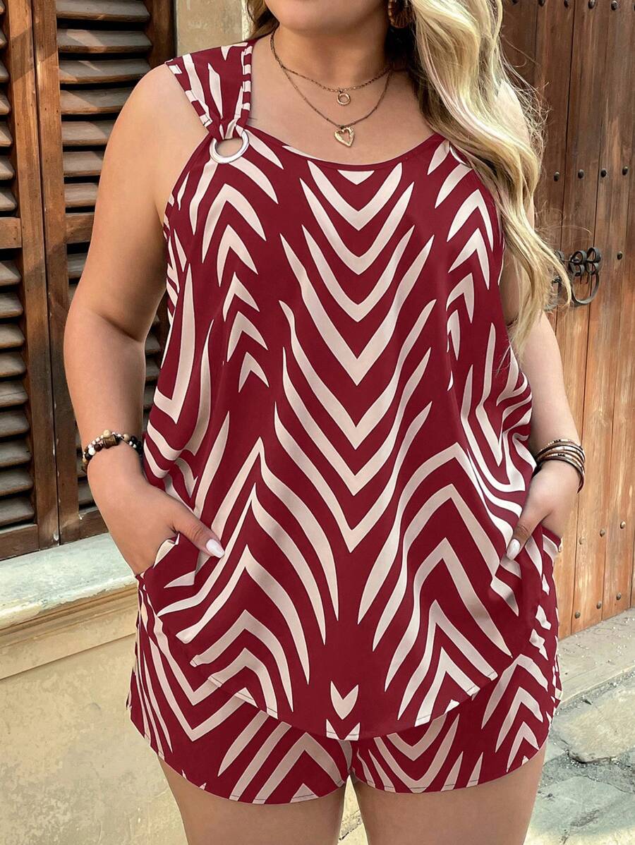 SHEIN VCAY Conjunto de 2 piezas de talla grande de estilo informal elegante con parte superior con patrón geométrico en azul marino y pantalones cortos holgados con bolsillos, atuendo occidental para mujer, estilo bohemio, conjunto de ropa de verano para mujer, ropa de playa, ropa de verano para mujer, atuendo para el Día de San Patricio, conjunto de primavera para mujer, camisetas estampadas