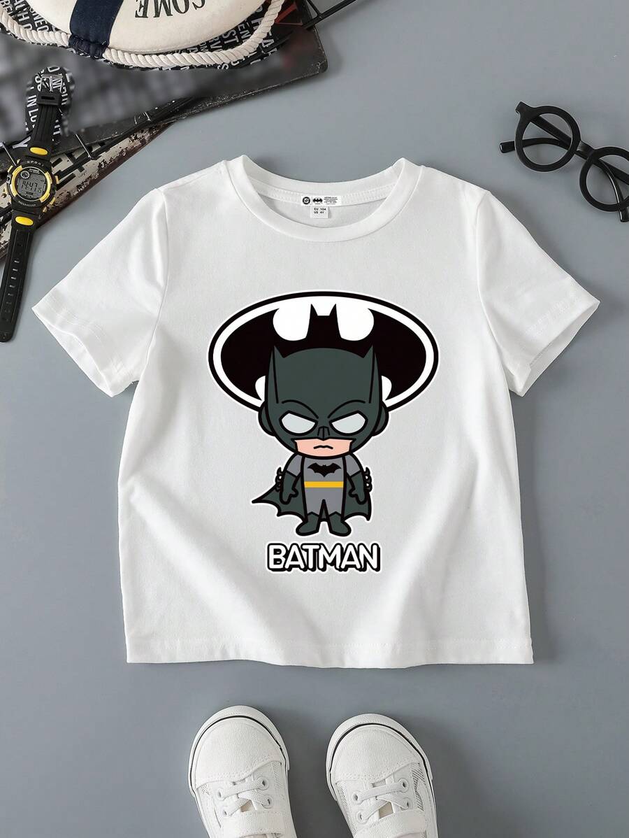 BATMAN X SHEIN Young Boy Casual Short Sleeve Round Neck T-Shirt, Suitable For Summer