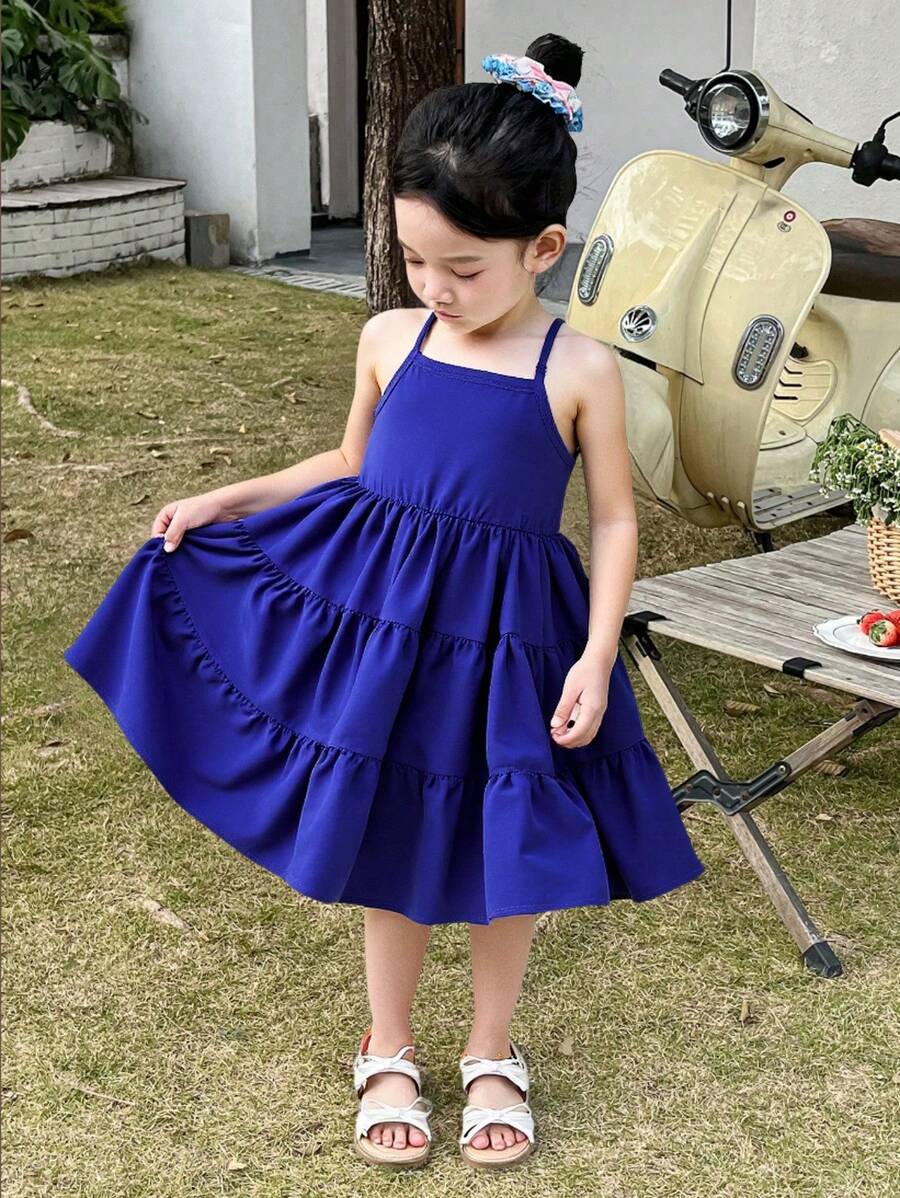 Vestido casual corto con tirantes finos y capas para niñas (talla pequeña)