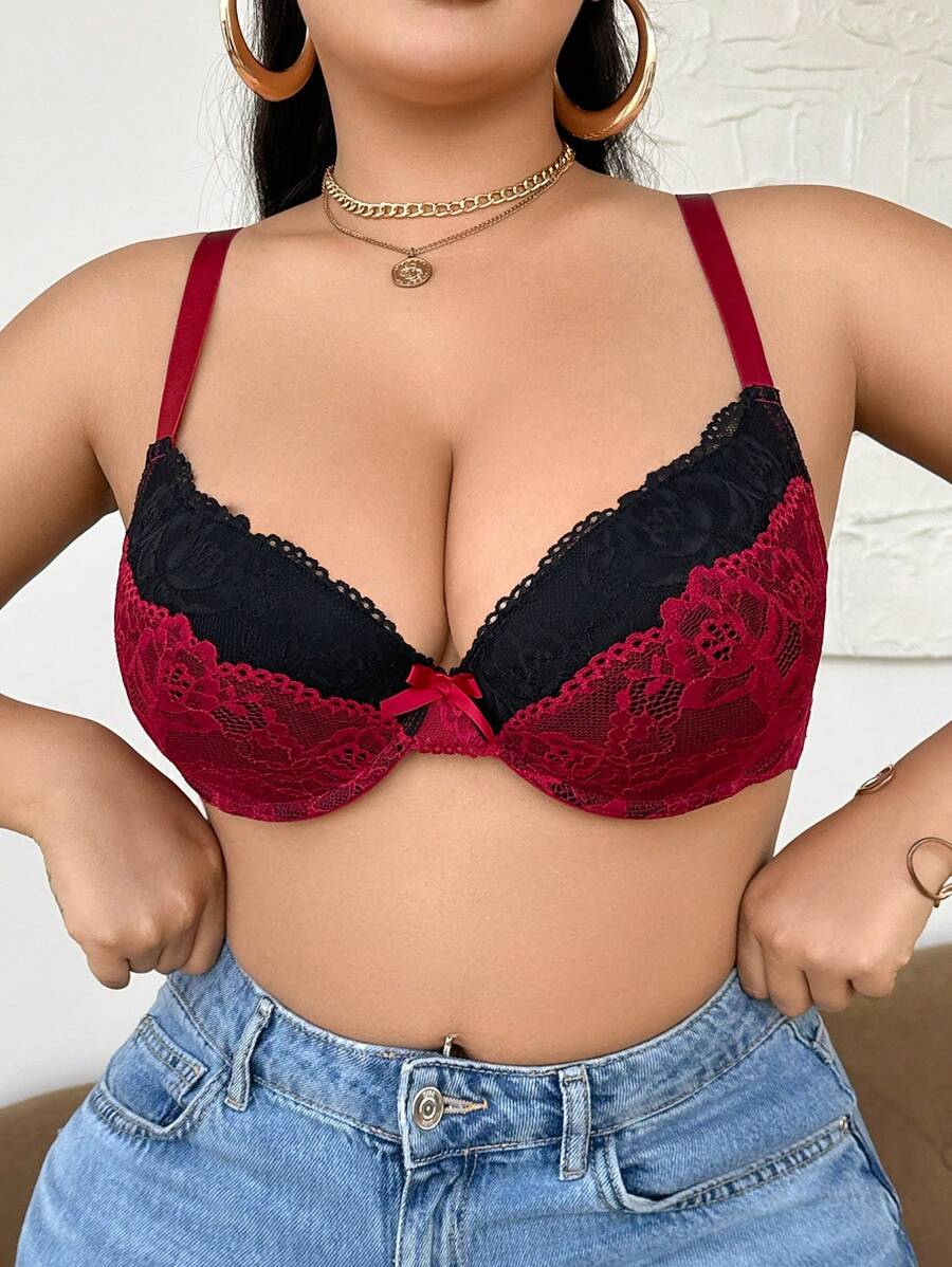 DesireSculpt Plus Size Contrast Color Lace Patchwork Bow Detail Bralette & Wire-Free Bra