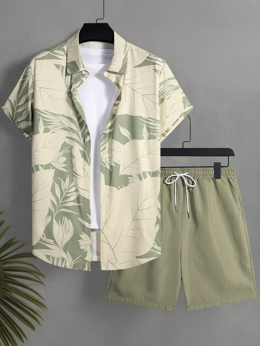 Manfinity KASUA Conjunto de camisa de manga corta con estampado de plantas tropicales y pantalones cortos para hombres, traje de baño y atuendo de vacaciones para hombres, hawaiano
