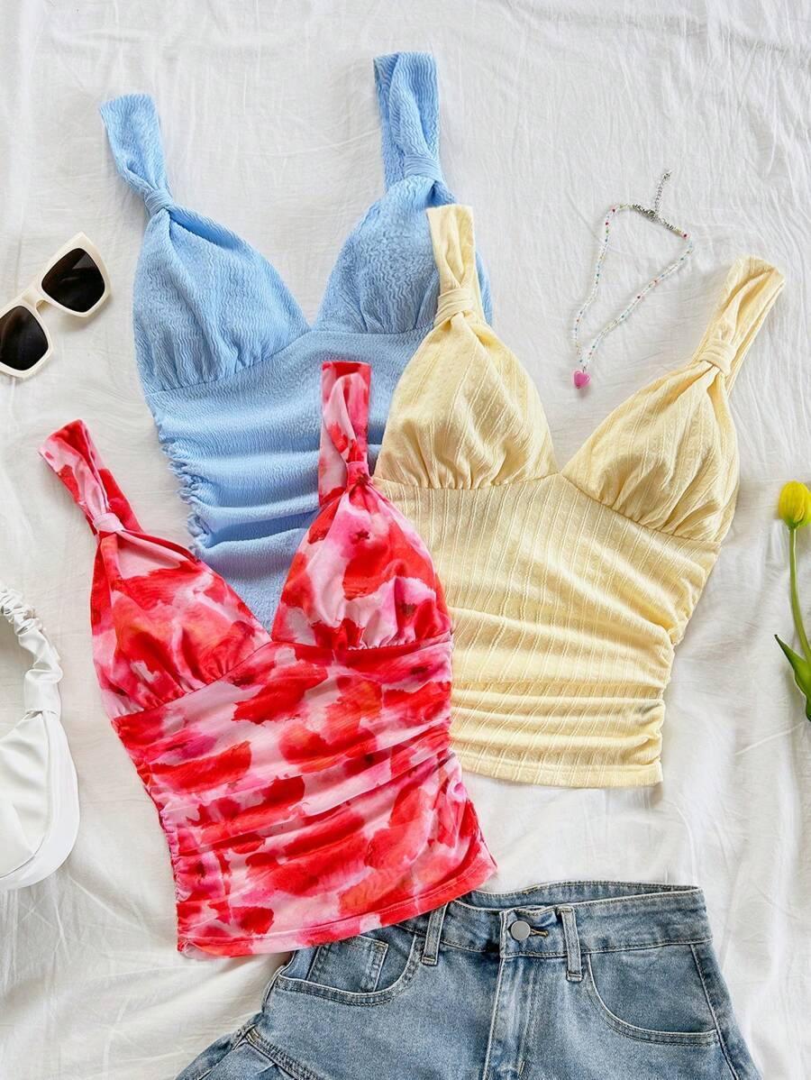 Soleia Set da 3 pezzi di top a canottiera estivi casual e romantici con nodo, colori: giallo, rosso, azzurro chiaro, adatti per vacanze, appuntamenti, tè pomeridiano, vacanze, festival musicali, stile bohémien, outfit da spiaggia estiva