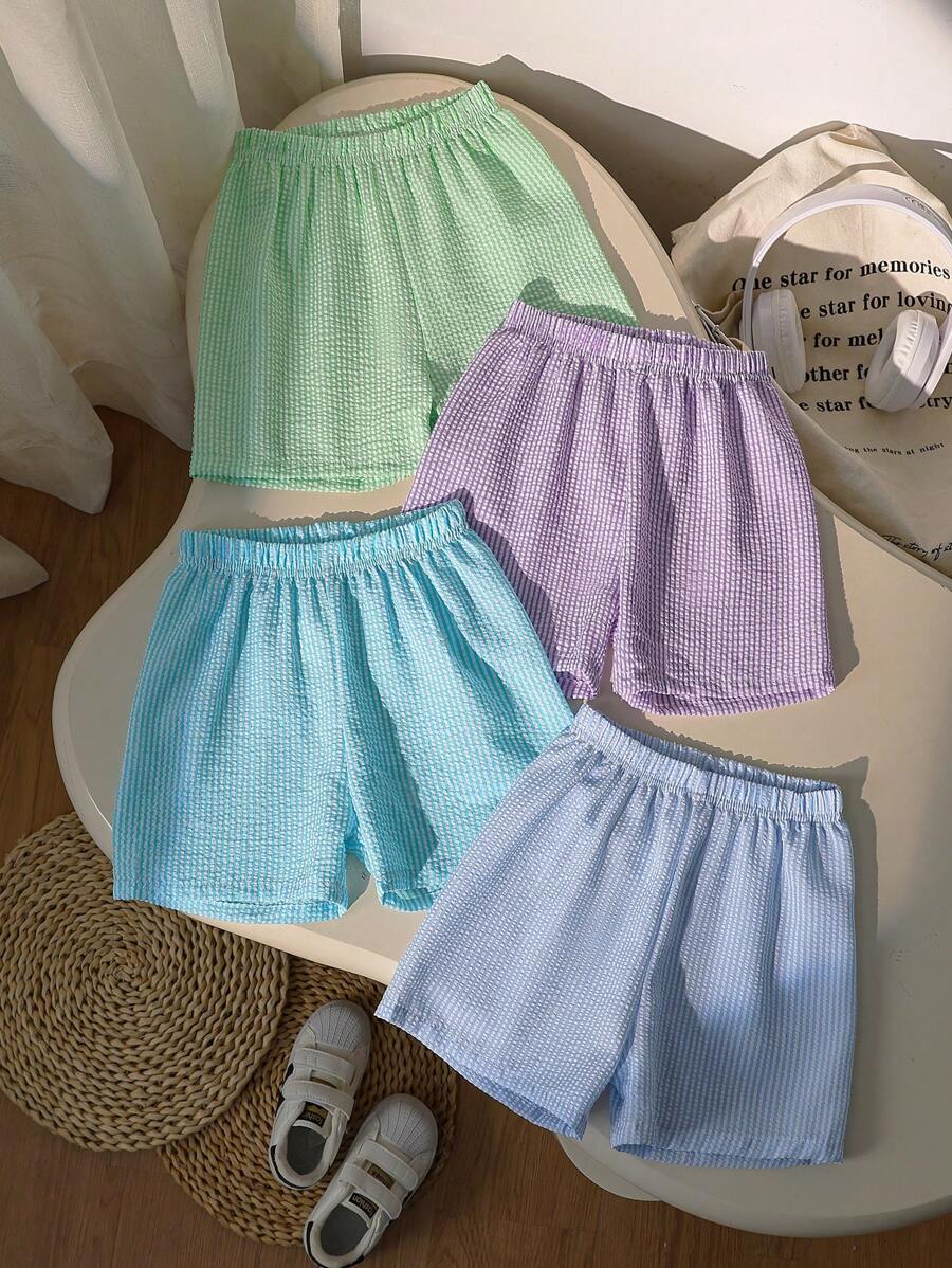 Set de 4 pantalones cortos de verano casuales y versátiles con textura de rayas para niños