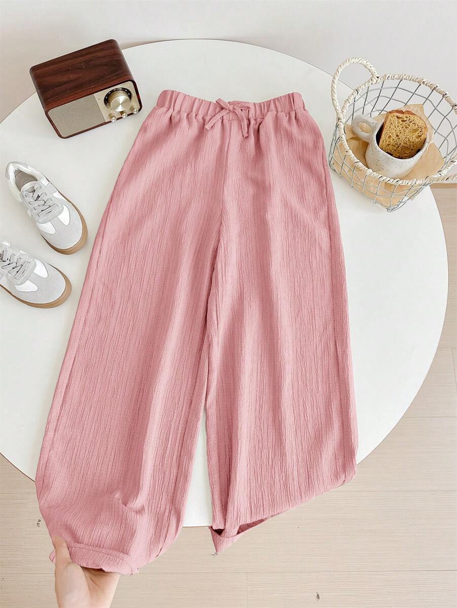 SHEIN LMoss Kids Pantalones anchos de pierna ancha con cintura elástica con cordón de tela texturizada para niñas preadolescentes