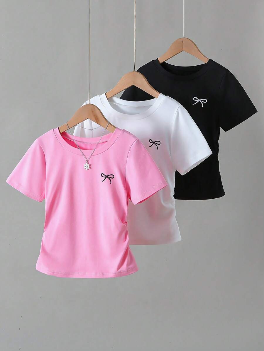 3 pièces T-shirt à manches courtes plissé avec imprimé nœud papillon pour filles en gris, rose et noir