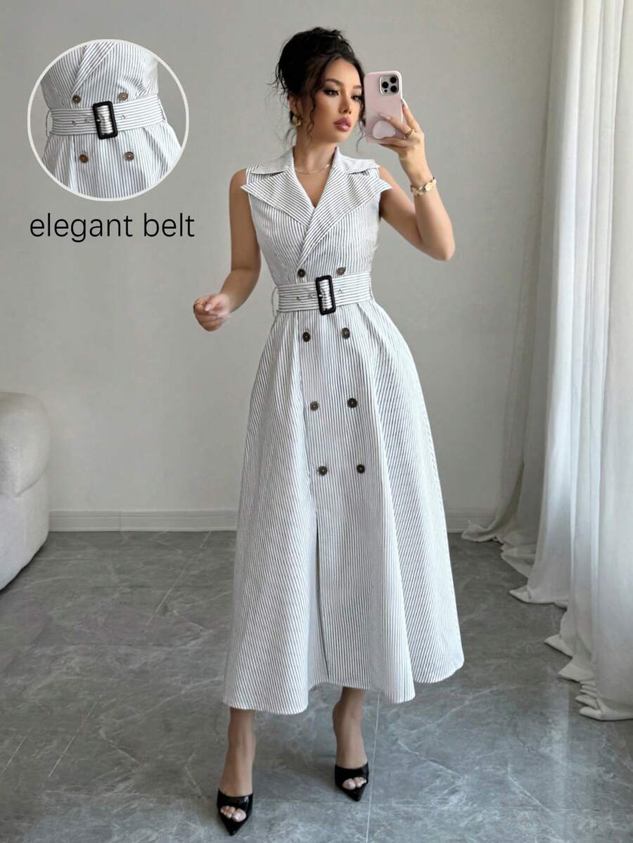 Elenzga Abito estivo da donna elegante con colletto a camicia, decorato con bottoni e cintura, a righe senza maniche