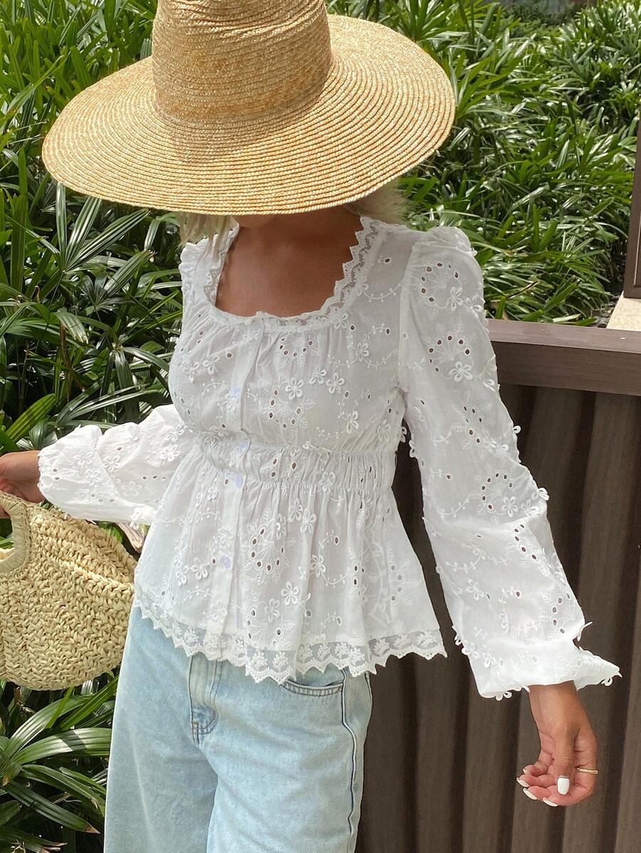 Livesso Blusa corta estiva da donna con scollo quadrato, vita stretta e ricami traforati