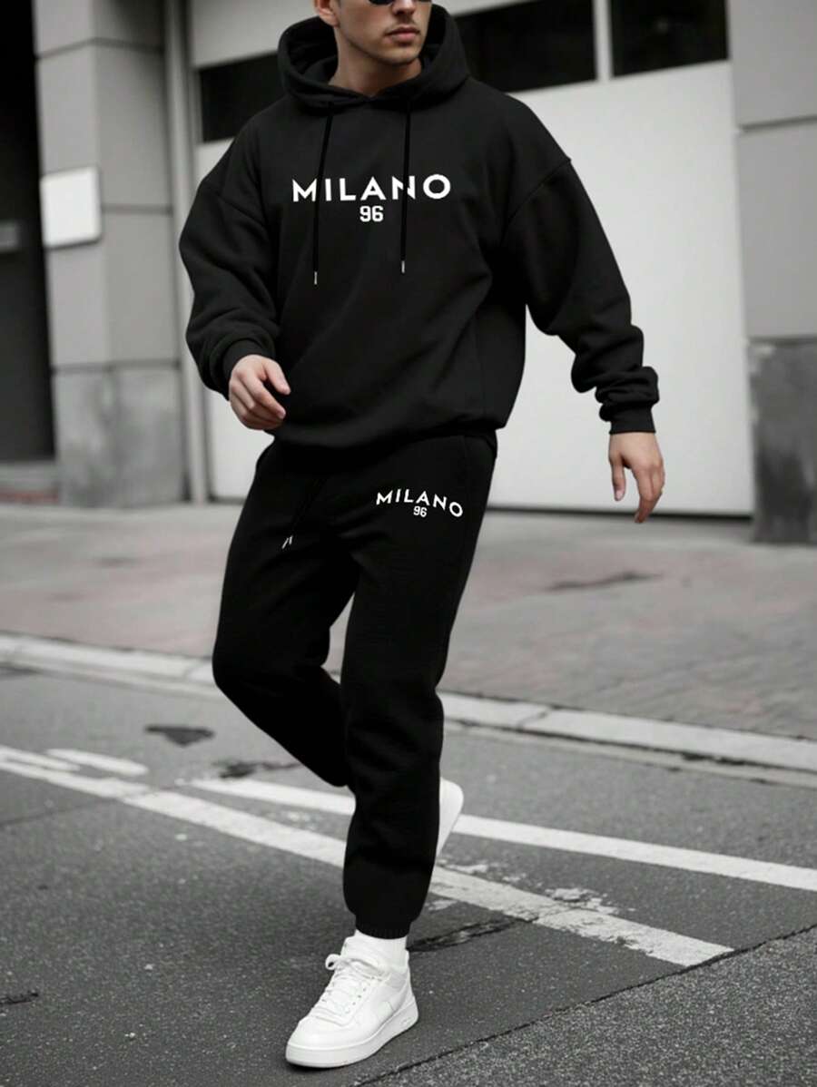 Manfinity Homme Men's Black Flannelette Hoodie Co-Ord Set: Casual Long Sleeve Hooded Top And Regular Length Joggers With Pockets