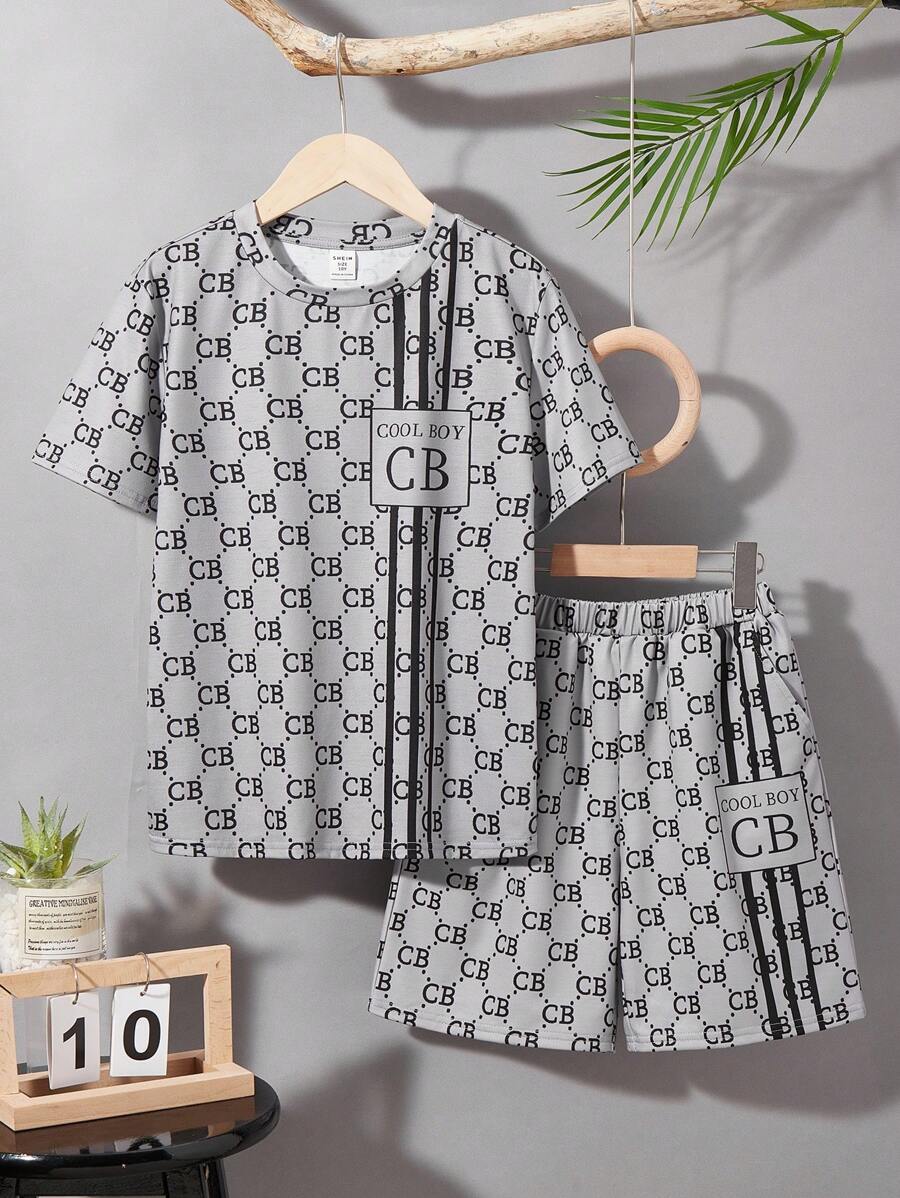 SHEIN Set de 2 bucăți Tween pentru băieți, lejer, casual, cu decolteu rotund, tricou și pantaloni scurți