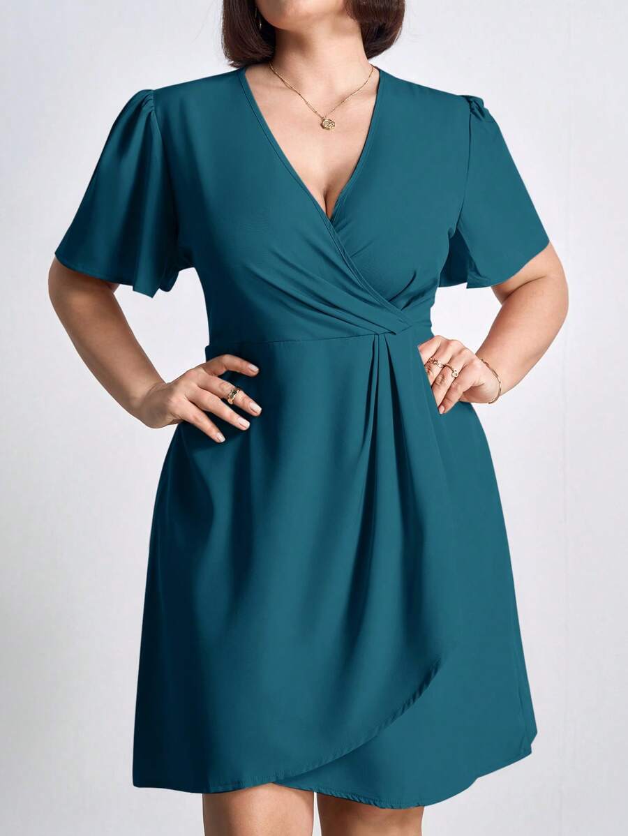 Chikora Plus Size Women Fall Women Solid V-Neck Short Sleeve Elegant Casual Dress,Business Casual Woman
