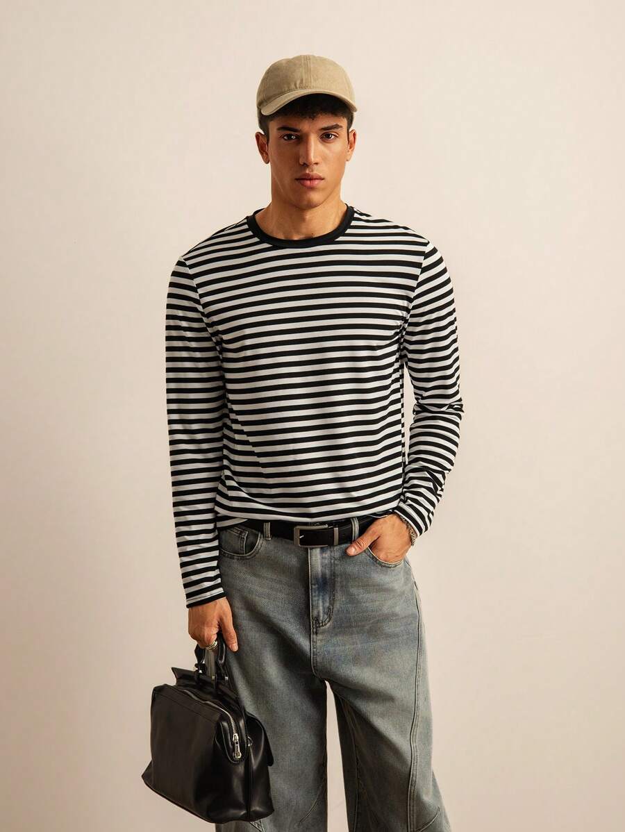 SWAVVY Herren langärmliges Shirt mit Blockstreifen Muster im urbanen Stil, japanischer Stil, Freundesgeschenk, Sommer, Schule