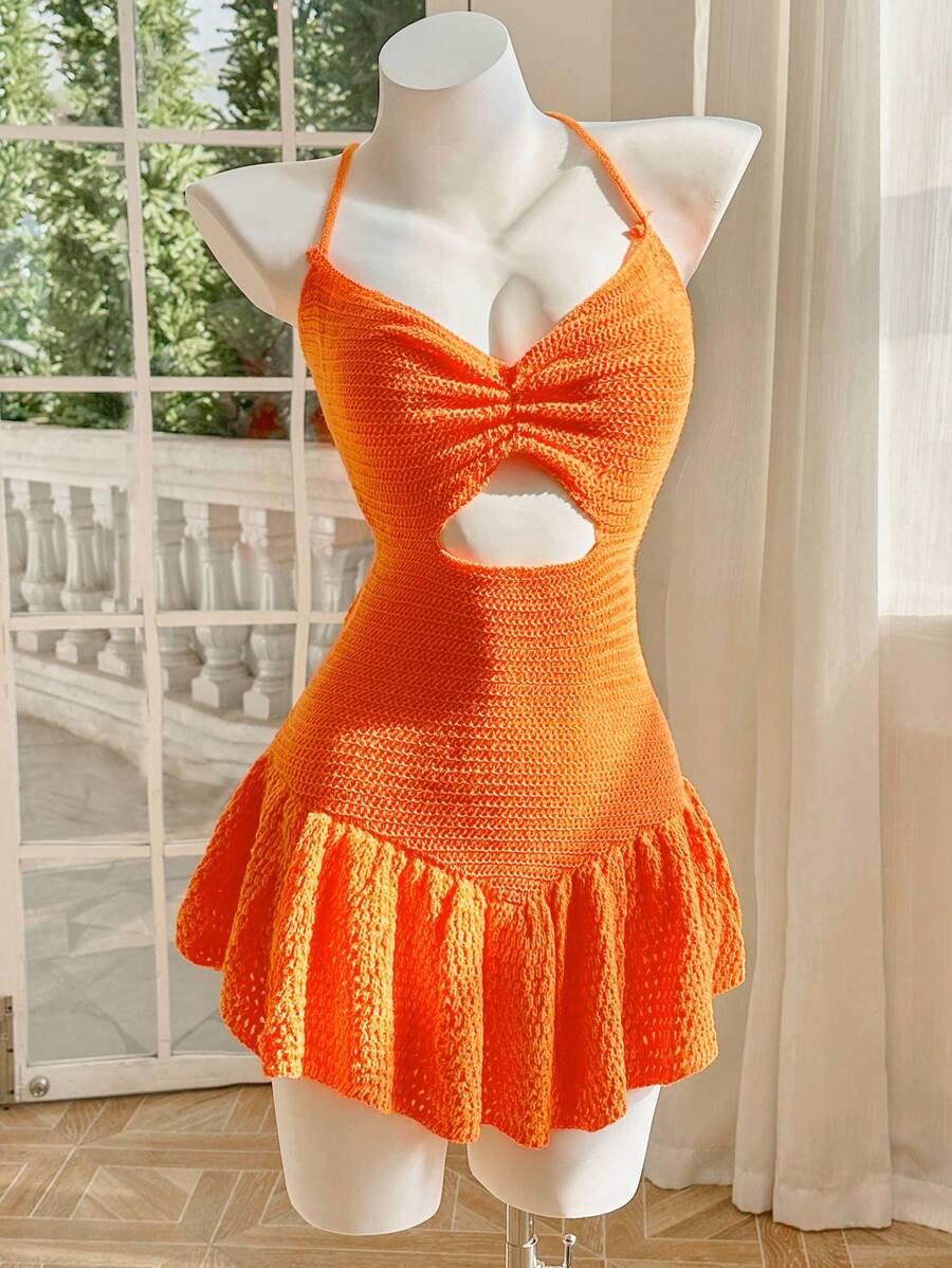 Skyraze Vestido de playa de verano corto y sin espalda con diseño calado y multicolor, adecuado para vacaciones