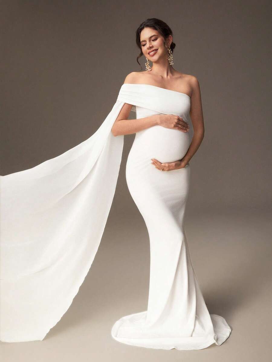 SHEIN Schwangere Frauen einfarbiges Kleid mit asymmetrischem Ausschnitt, elegantes Feenkleid, Fotoshoot-Outfit für Schwangerschaftsfotoshooting