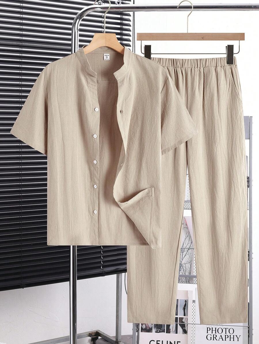 SHEIN Conjunto de 2 piezas para adolescentes, camisa de manga corta de tejido con cuello de pie y pantalones casuales, sueltos, versátiles y cómodos, de costo-efectivo