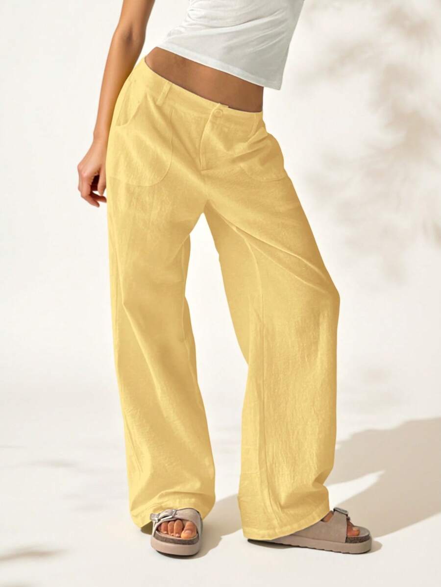 Easelle Pantalones rectos de cintura baja, sueltos y de color liso