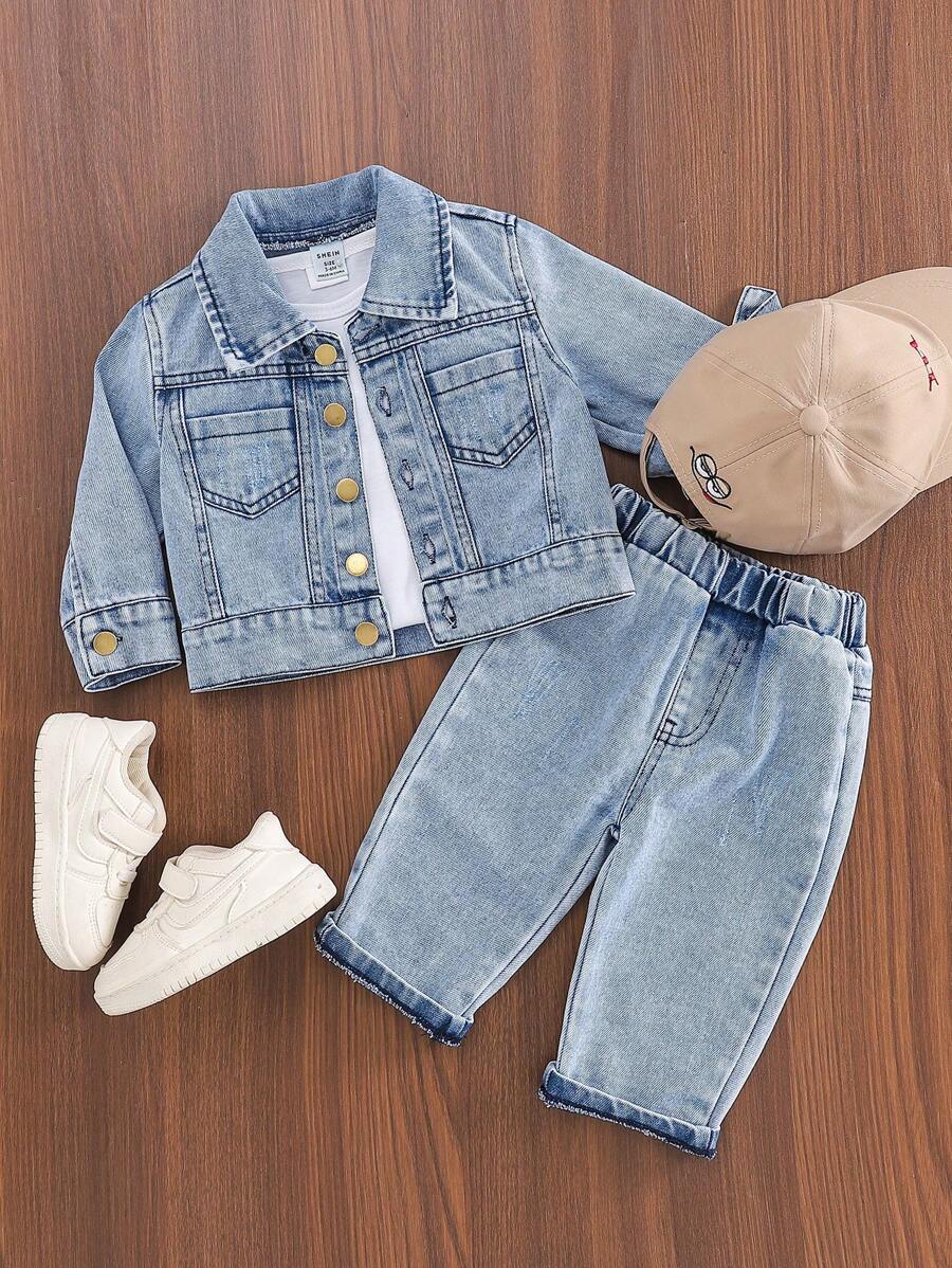 SHEIN 2pcs/Set Baby Boys Casual Vintage Washed Black Denim Lapel Jacket Top And Faded Denim Jeans Pants Outfit, Fashionable & Comfortable All-Match Set Suitable For Spring, Autumn