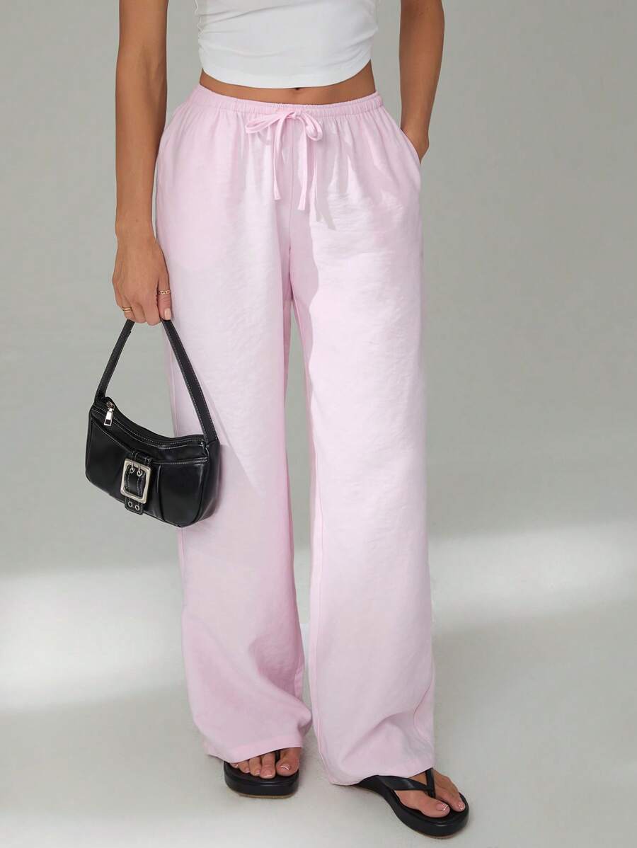 SHEIN Tall Pantalones largos de tejido de cintura baja con bolsillos de sesgo, cordón de ajuste de la cintura y unicolor para mujer