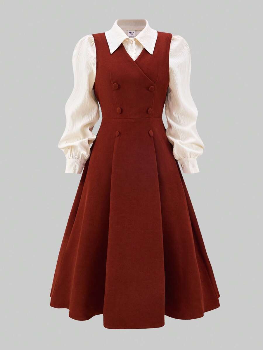 Lunivi Set de 1 (Blusa + Vestido) Elegante blusa de manga larga con cuello y vestido informal de tela tejida sin mangas hasta la pantorrilla para niñas adolescentes