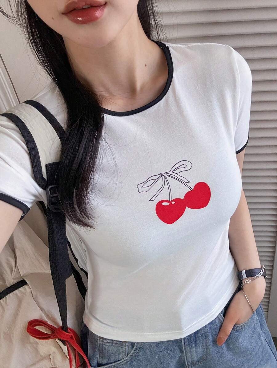 DAZY Women's Cherry Print Trim Round Neck Short Sleeve Casual T-Shirt Cute Tops