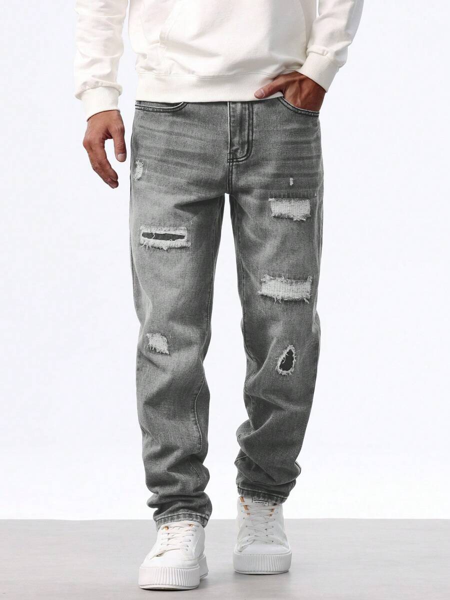 Manfinity Homme Men's Pockets With Distressed Straight Leg Casual Jeans