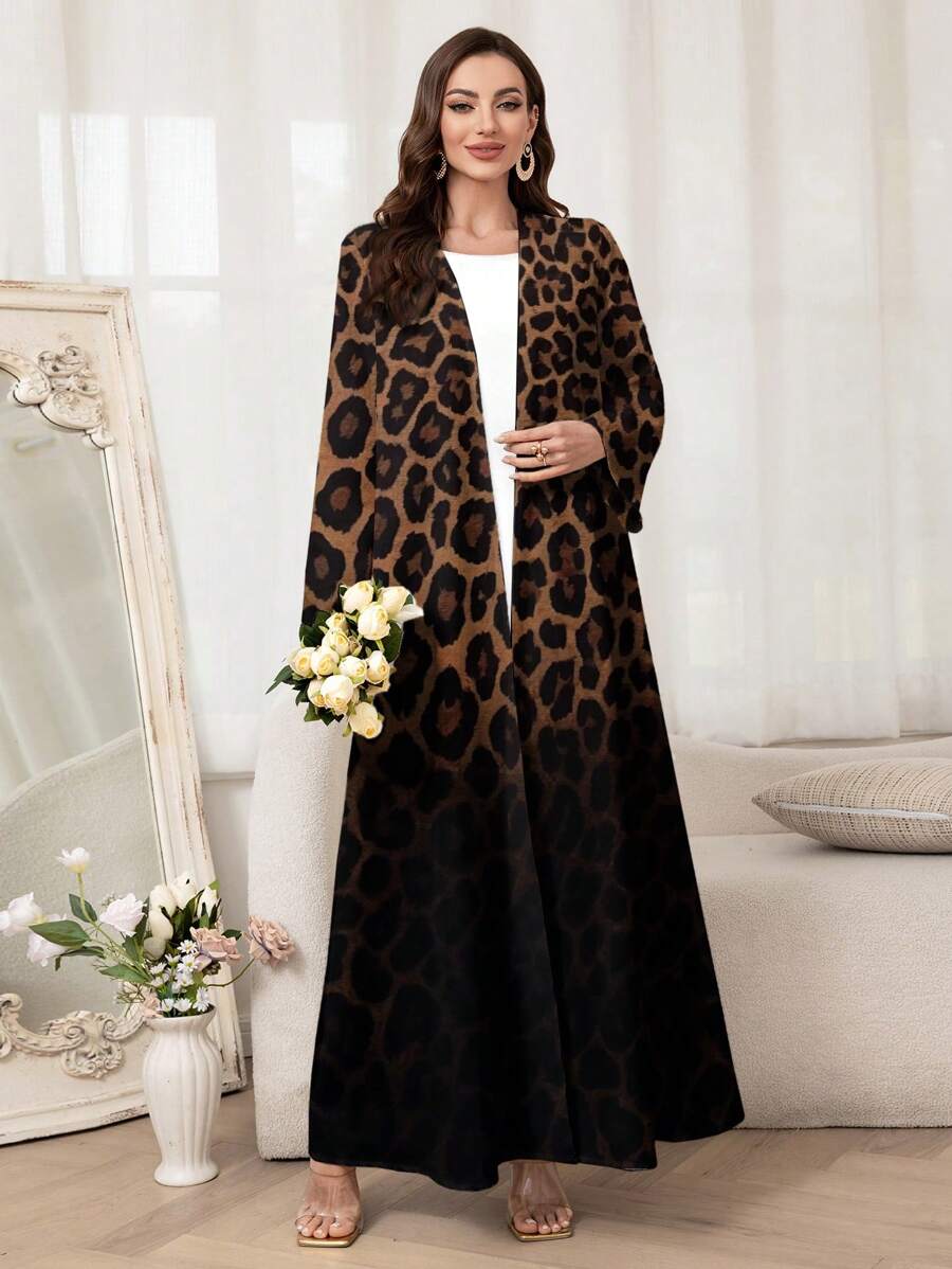 Al Najma Women's Elegant Leopard Print Ombre Long Sleeve Abaya, Modest Robe
