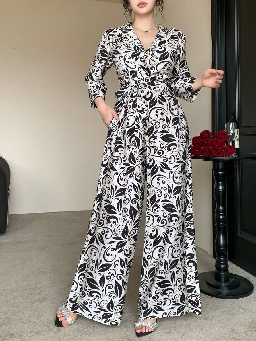 DAZY Mono elegante con bolsillos y cinturón, estampado completo para mujeres