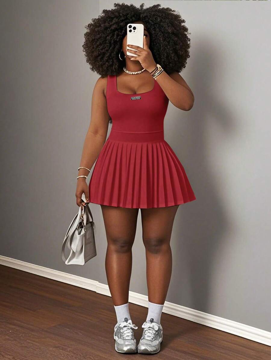 Slaydiva 2025 New Spring & Summer Casual Simple Basic U-Neck Racer Vest With Black Label & White Text, Pleated Skirt Including Shorts & Culottes, White Knit Fabric Women Mini Dress,Sundress,Summer Dresses For Women Red Dress Red Mini Dress Solid Color Dress Pleated Mini Dress