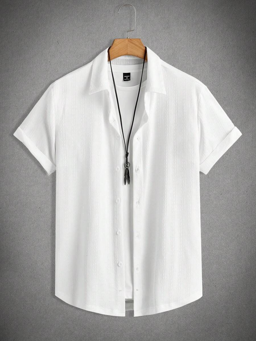 Manfinity RelaxMax Camisa casual de vestir de manga corta de unicolor de solapa única para hombres
