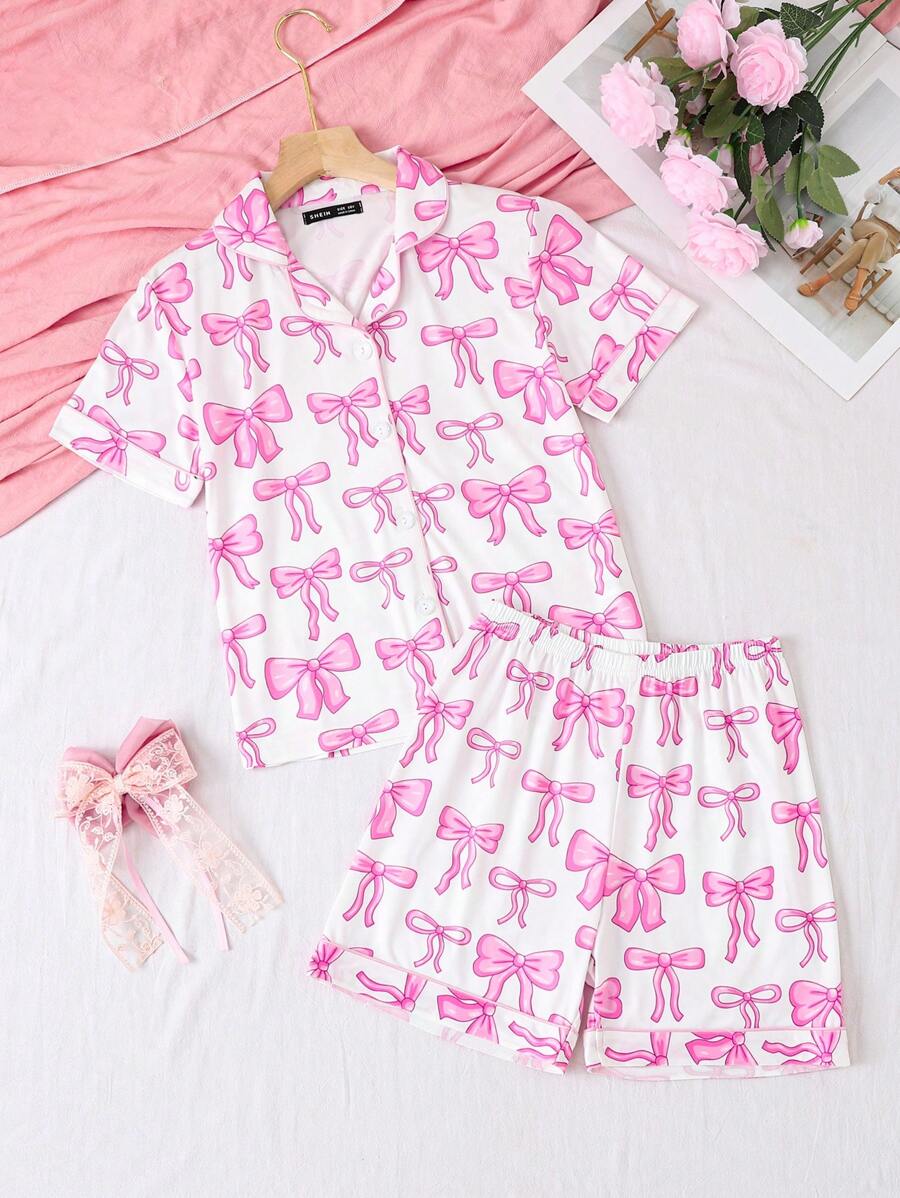 Pijamas adorables y dulces con estampado de lazo para niñas