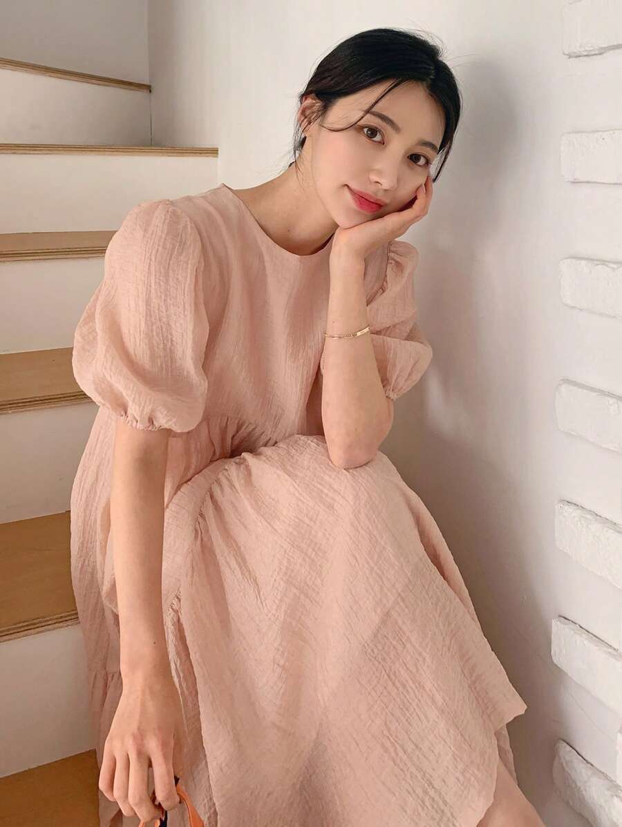DAZY Women's Solid Color Chiffon Round Neck Lantern Short Sleeve Loose Pink Long Dress, Summer,Casual Women Dresses