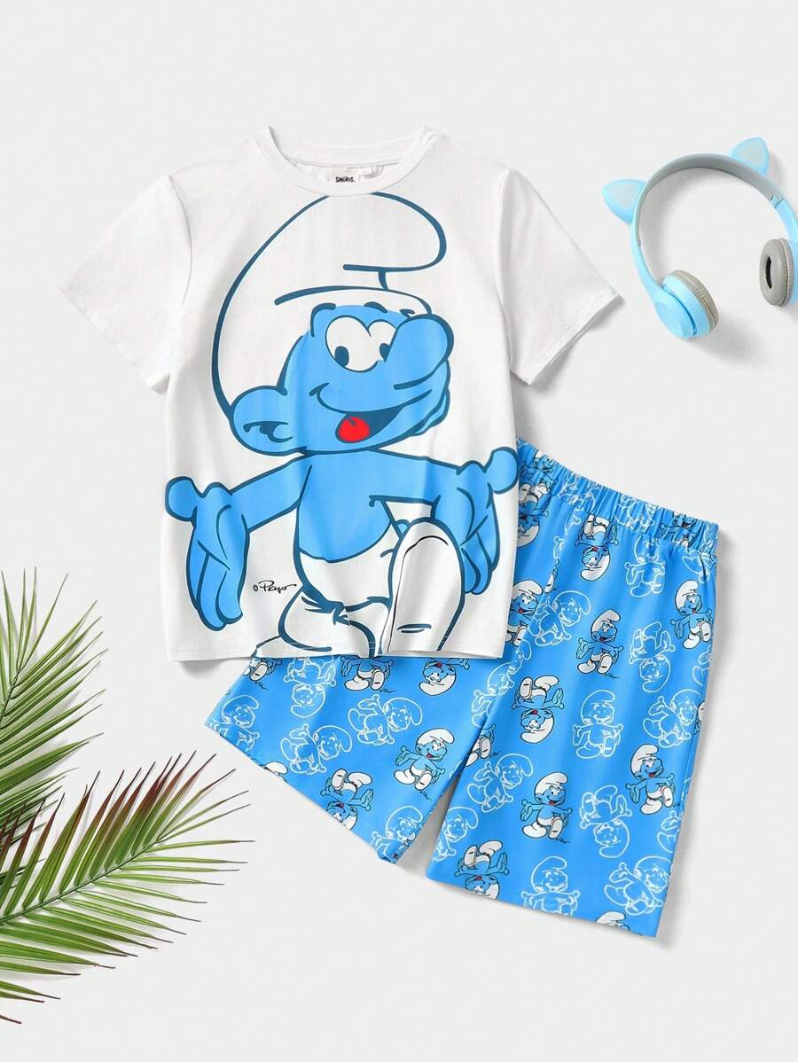 SHEIN X The Smurfs 2 pezzi Set di pigiama per ragazzo pre-adolescente casual e carino con stampa a cartone animato e shorts con stampa a cartone animato su tutto il capo, adatto per tutte le stagioni