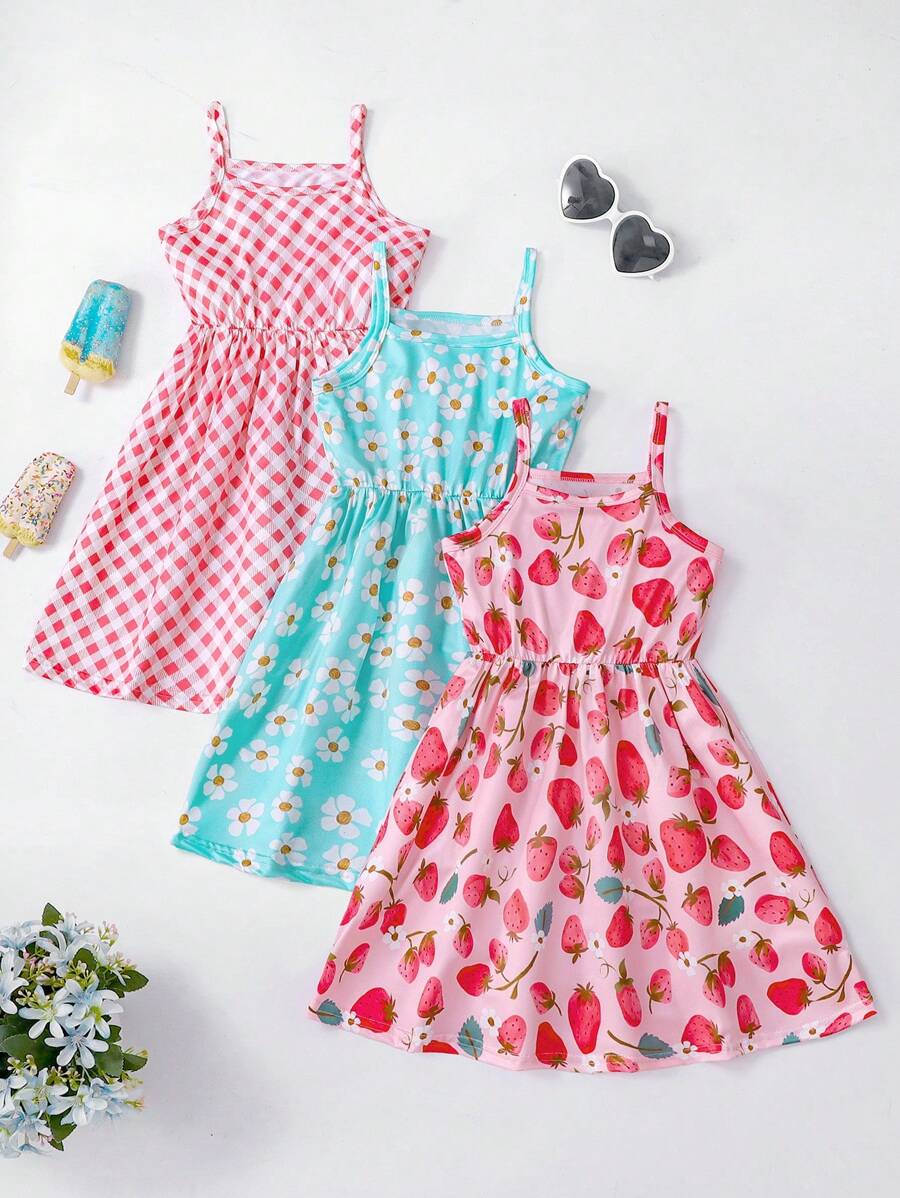 SHEIN Set de 3 piezas para niñas jóvenes con vestido tipo camiseta cómodo estampado con unicornio y helado, adecuado para fiesta de niños, vacaciones, verano, regalo para la mejor amiga