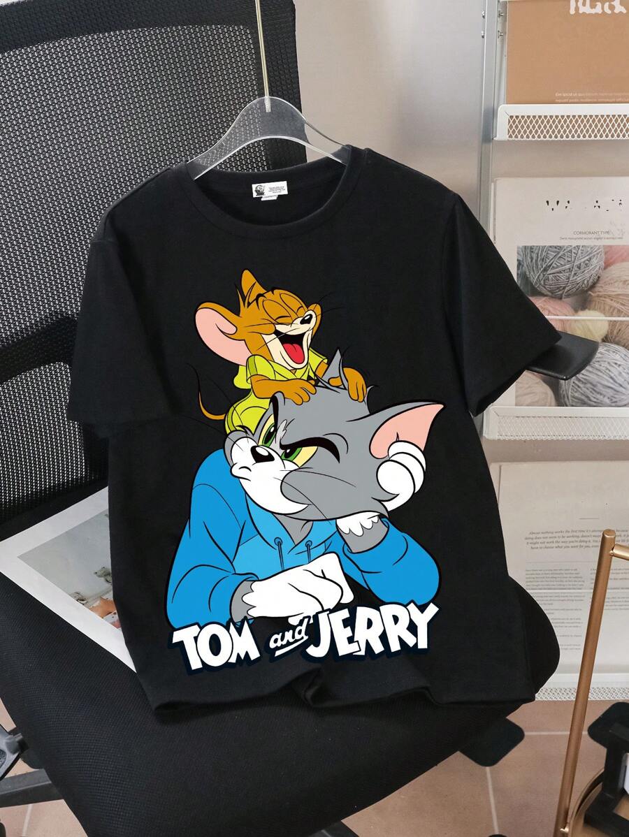 TOM & JERRY X SHEIN Tween Boy Casual Cartoon Graphic Short Sleeve T-Shirt, Suitable For Summer