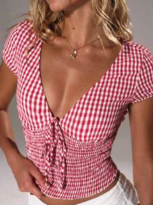 TRNVIE Plaid Pullover Woven Lovely Casual T-Shirt, Spring/Summer