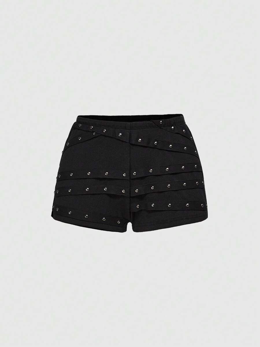 ROMWE Grunge Punk Canotta da donna sexy senza maniche con schiena scoperta, decorata con rivetti/strass, scollo a V, adatta per spiaggia estiva, laurea, Pasqua, concerti, vacanze a Nashville, festival musicali