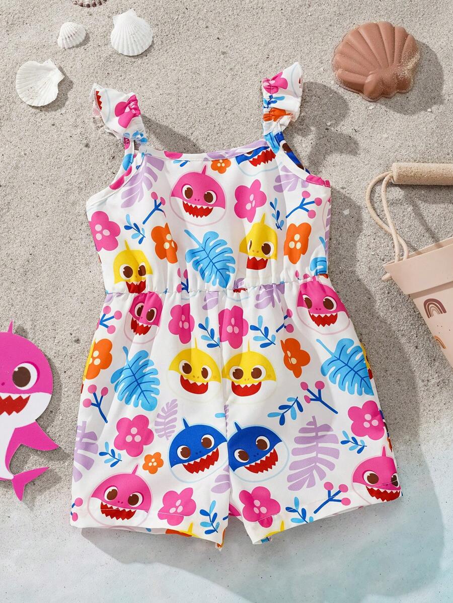 BABY SHARK X SHEIN Baby Girl Floral & Cartoon Shark Print Sleeveless Ruffle Trim Romper, Cool & Breathable Summer Outfit