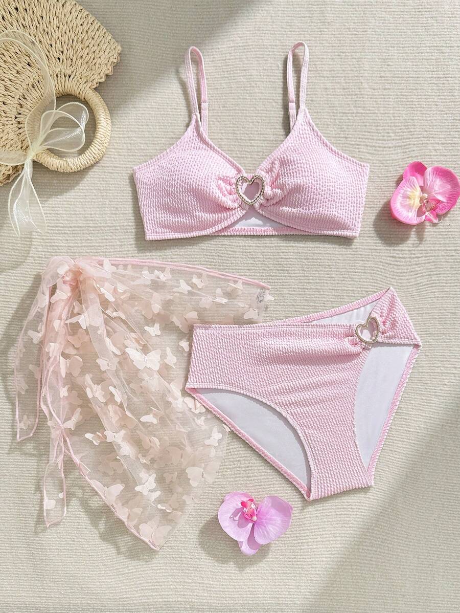 Set de 3 piezas Traje de baño elegante de 2 piezas liso para adolescentes con volantes en el borde