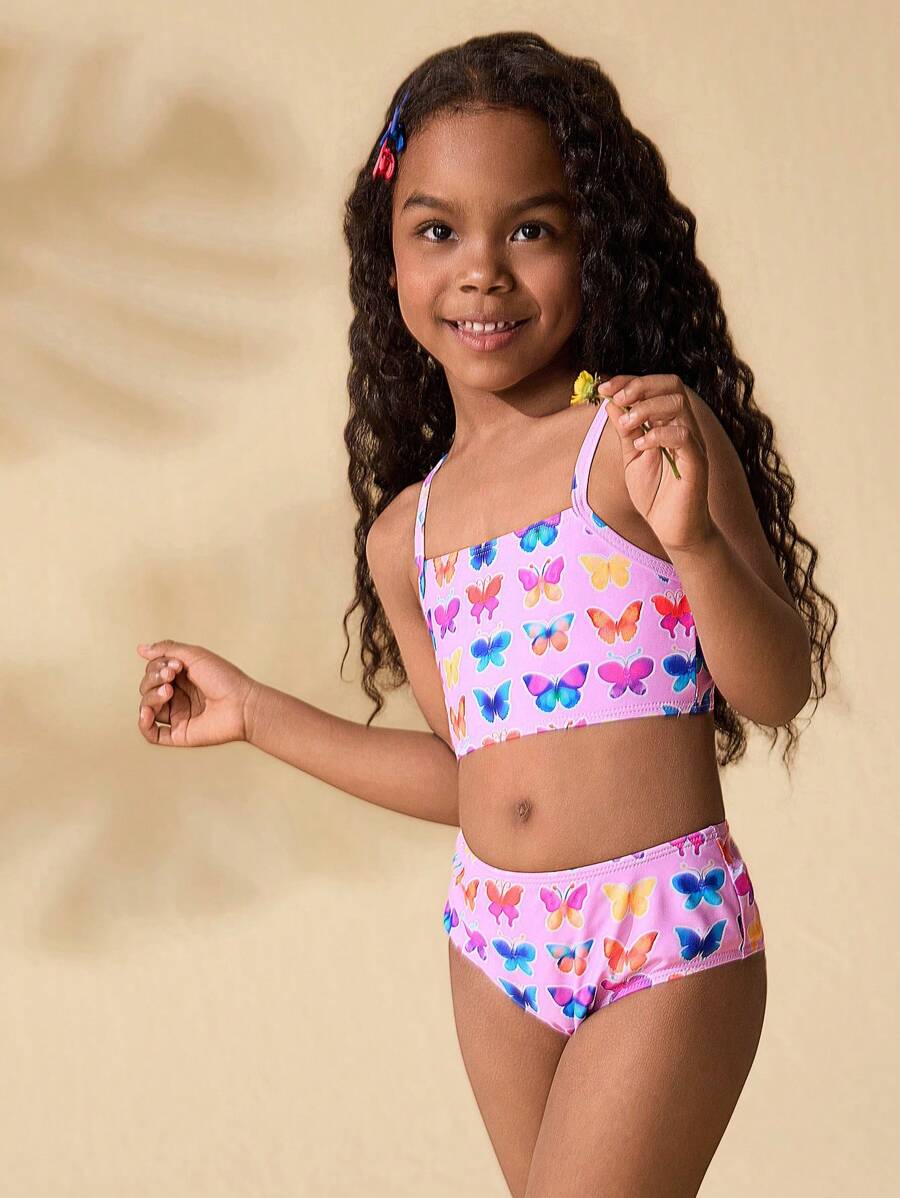 SHEIN 2 Stücke Kleine Mädchen Schmetterlingsmuster Triangel Bikini Set mit Spaghettiträger-Oberteil und Bikinihose