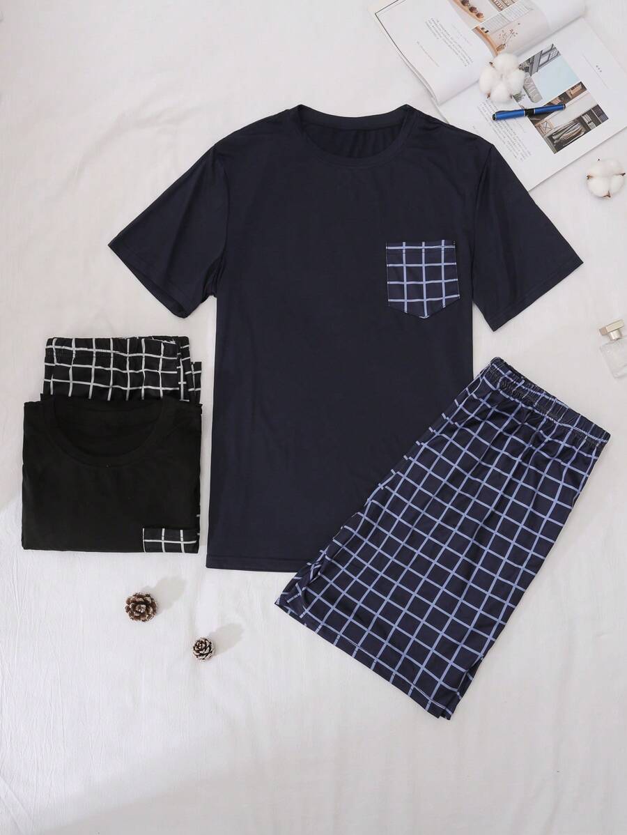 Conjunto de pijama de verano para hombres con parte superior de manga corta y pantalones cortos de estampado a cuadros cómodos