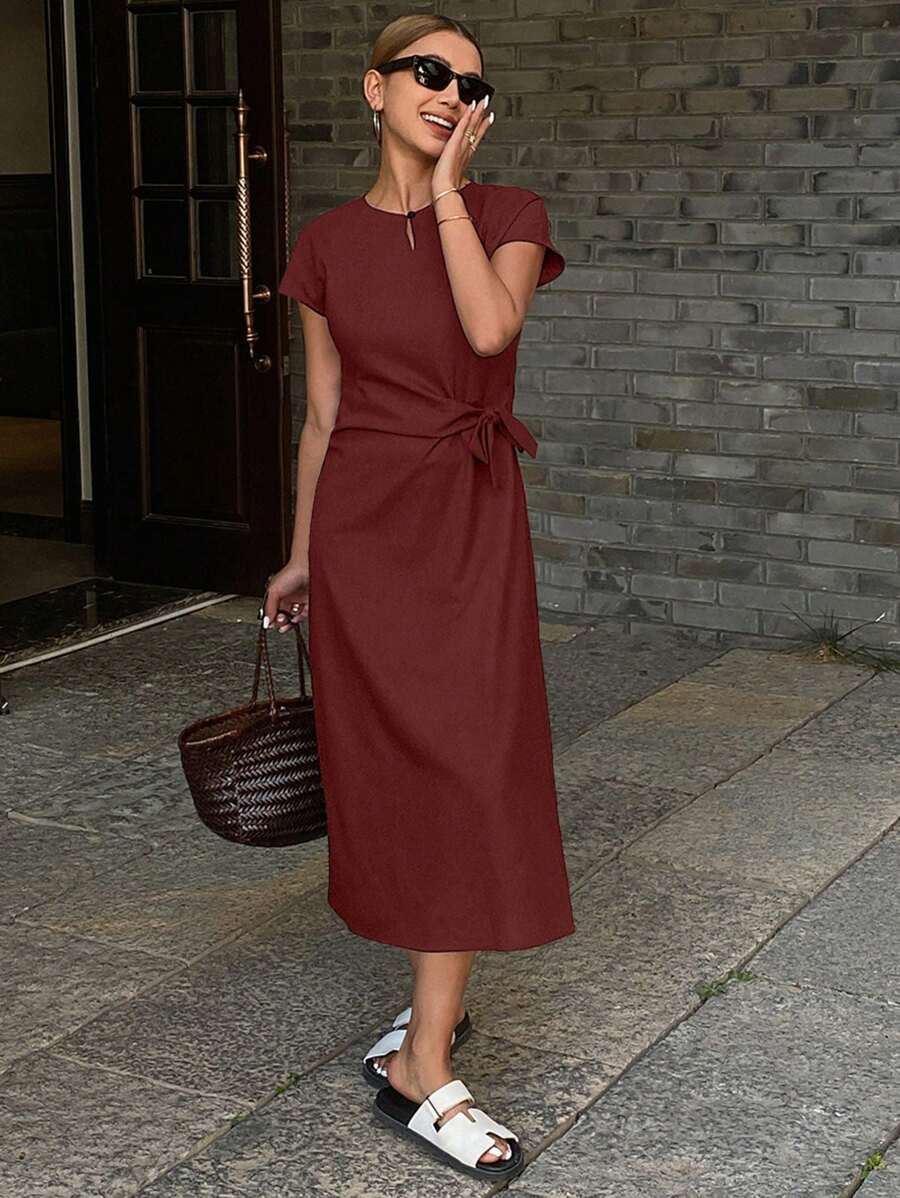 Livesso Women Solid Color Loose Round Neck Short Sleeve Drawstring Casual Elegant Floor Length Summer Dress Linen