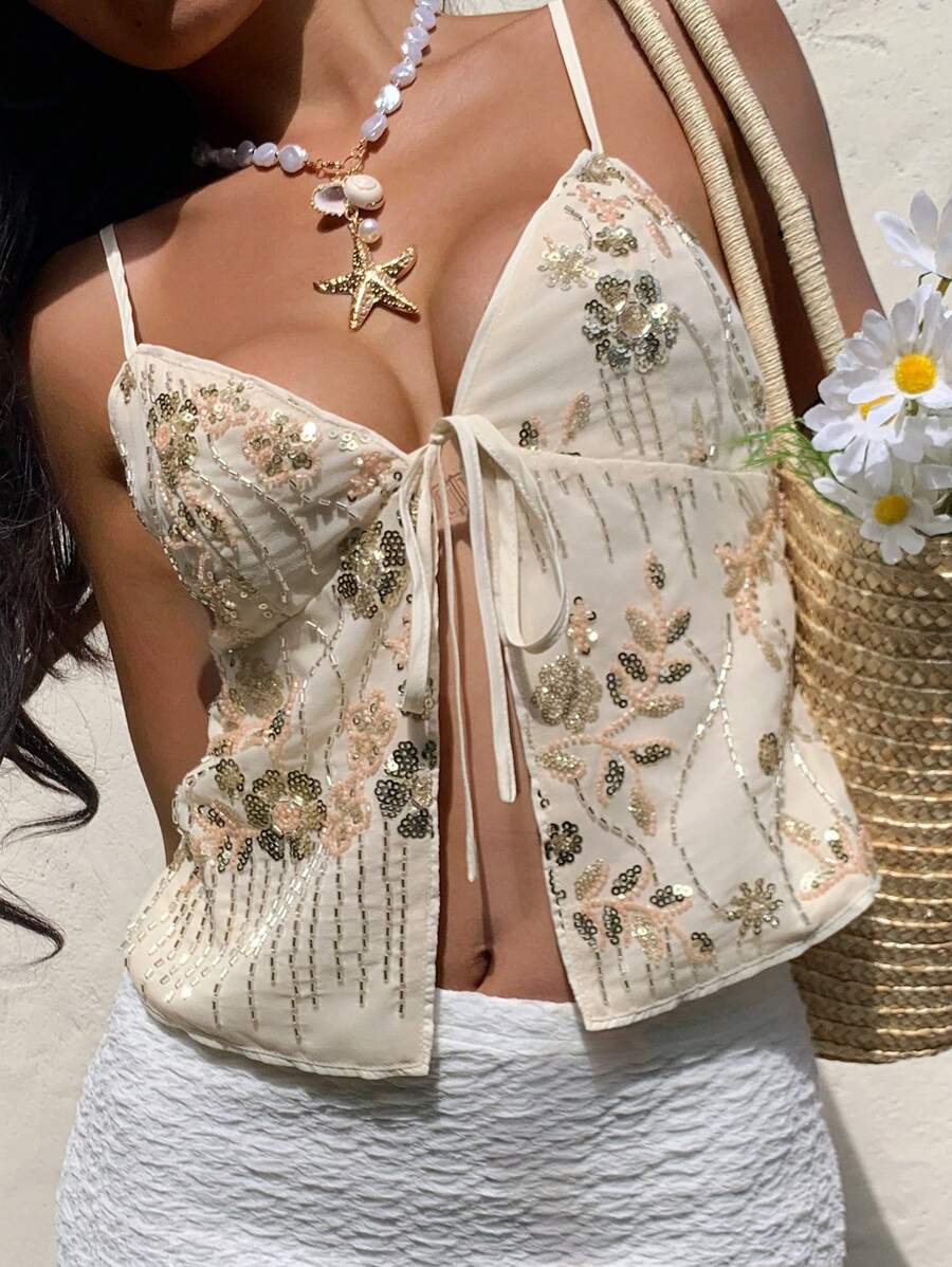 Serisse Nueva camiseta de tirantes con bordado de lentejuelas para mujer, para el verano