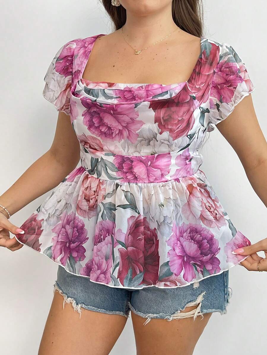 Sunnyshic Camicetta a-line con colletto arricciato e vita segnata, stile vacanza, taglie comode