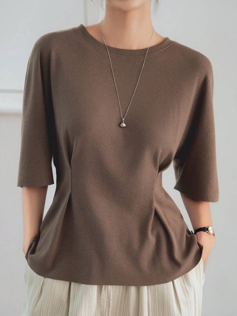 Dazy-Less Camicetta estiva da donna in maglia piisseggiata con bottoni, tinta unita, stile casual business, vita stringata, maniche corte con fiocco sul retro